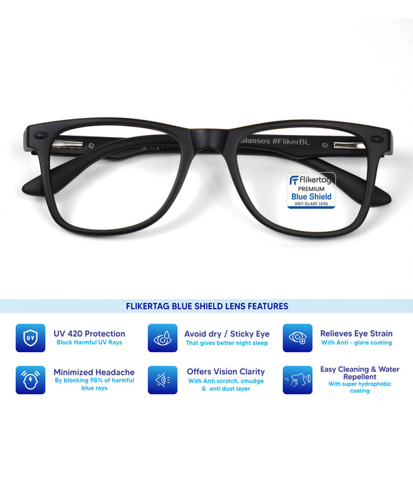 Blue Cut Computer Glasses for Eye Protection | Zero Power Blue Light Filter Glasses With UV Protection for Men & Women [FTF115 F1 Wayfarer Matte Black Frame, 50mm]
