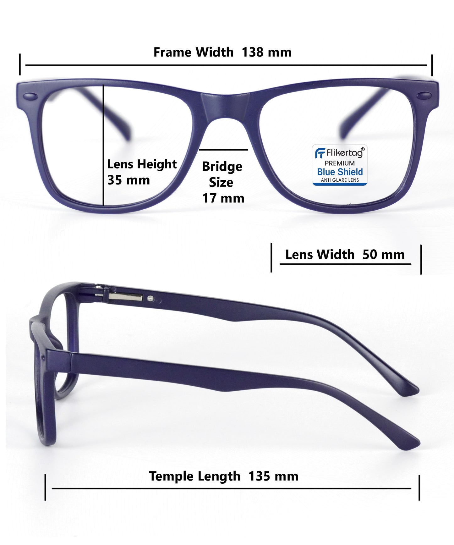 Blue Cut Computer Glasses for Eye Protection | Zero Power Blue Light Filter Glasses With UV Protection for Men & Women [FTF115 F5 Wayfarer Navy Blue Frame, 50mm]