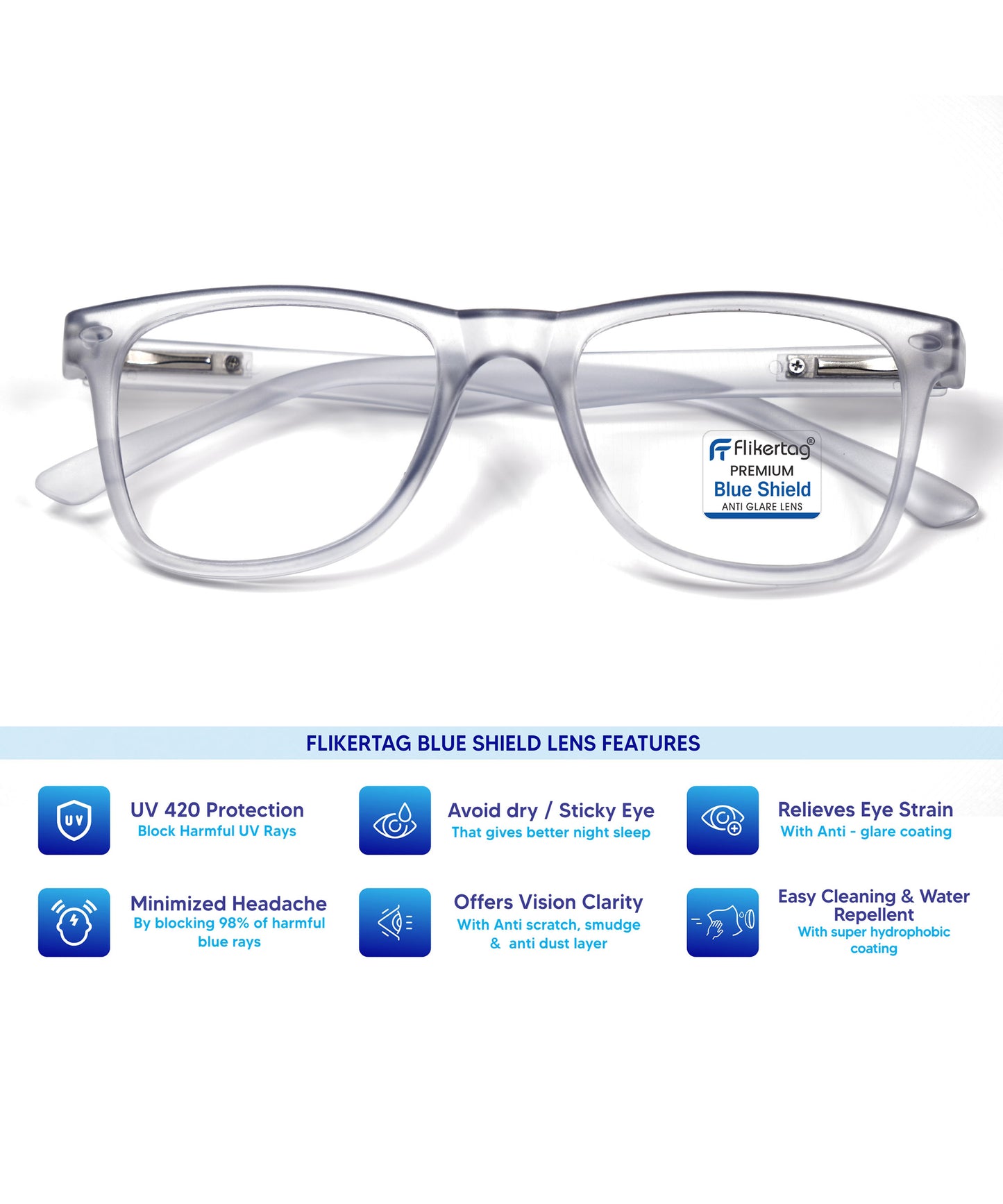 Blue Cut Computer Glasses for Eye Protection | Zero Power Blue Light Filter Glasses With UV Protection for Men & Women [FTF115 F6 Wayfarer Water Grey Frame, 50mm]