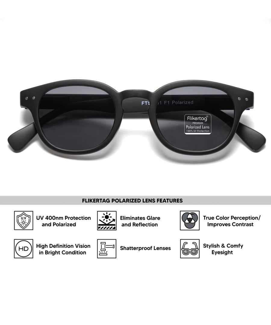 Polarized UV Protection Sunglasses For Men & Women [FTS 551 F1 Retro Round Matte Black Frame with Grey Lens, 49mm]