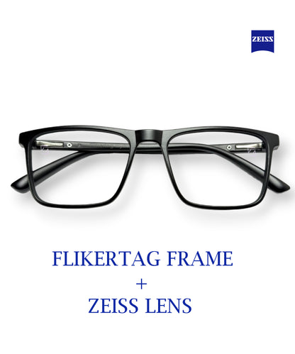 ZEISS Blue Protect Computer Glasses for Eye Protection | Zero Power Zeiss Duravision BlueProtect UV Lens [ZFTF222 F1 Flikertag Square Matte Black Frame for Men & Women With ZEISS Lens, 50mm]