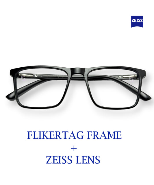 ZEISS Blue Protect Computer Glasses for Eye Protection | Zero Power Zeiss Duravision BlueProtect UV Lens [ZFTF222 F1 Flikertag Square Matte Black Frame for Men & Women With ZEISS Lens, 50mm]