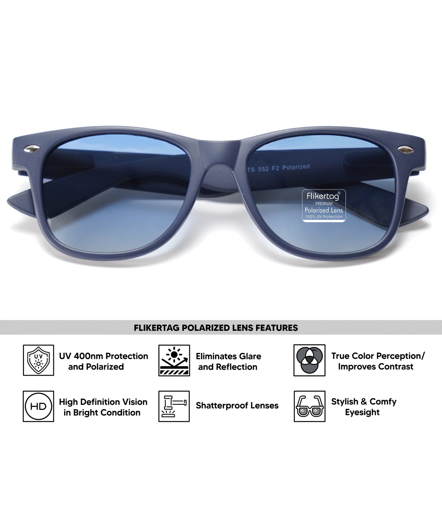 Polarized UV Protection Sunglasses For Men & Women [FTS 552 F2 Wayfarer Matte Navy Blue Frame with Blue Gradient Lens, 52mm]