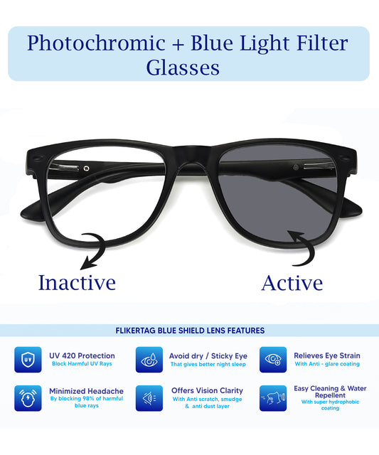 Photochromic Computer Glasses for Eye Protection | Zero Power Blue Cut, Photochromic Glasses With UV Protection for Men & Women [PHFTF115 F1 Wayfarer Matte Black Frame, 50mm]
