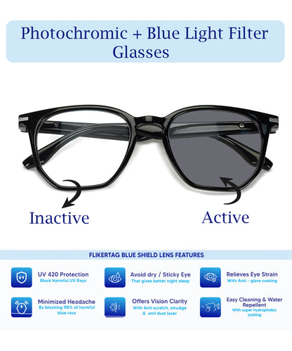 Photochromic Computer Glasses for Eye Protection | Zero Power Blue Cut, Photochromic Glasses With UV Protection for Men & Women [PHFTF205 F1 Wayfarer Glossy Black Frame, 52mm]