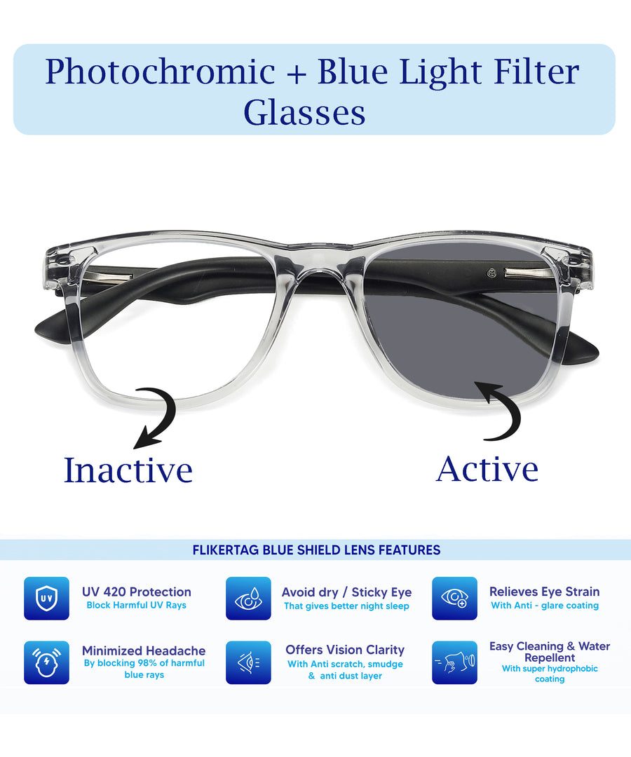 Photochromic Computer Glasses for Eye Protection | Zero Power Blue Cut, Photochromic Glasses With UV Protection for Men & Women [PHFTF115 F3 Wayfarer Shine Grey Frame, 50mm]