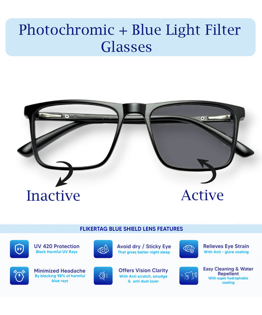 Photochromic Computer Glasses for Eye Protection | Zero Power Blue Cut, Photochromic Glasses With UV Protection for Men & Women [PHFTF222 F1 Retro Square Matte Black Frame, 50mm]