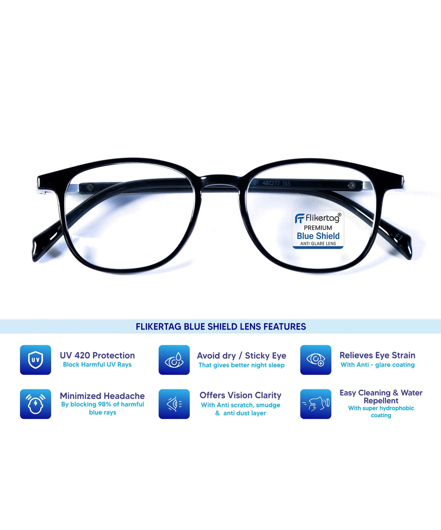 Blue Cut Computer Glasses for Eye Protection | Zero Power Blue Light Filter Glasses With UV Protection for Boys & Girls [FTF201 F1 Round Shine Black Frame, 48mm]