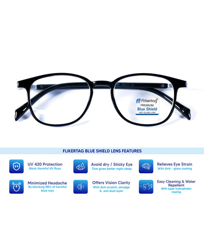 Blue Cut Computer Glasses for Eye Protection | Zero Power Blue Light Filter Glasses With UV Protection for Boys & Girls [FTF201 F1 Round Shine Black Frame, 48mm]