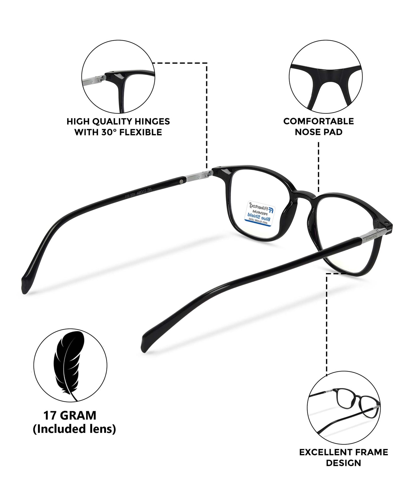 Blue Cut Computer Glasses for Eye Protection | Zero Power Blue Light Filter Glasses With UV Protection for Boys & Girls [FTF201 F1 Round Shine Black Frame, 48mm]