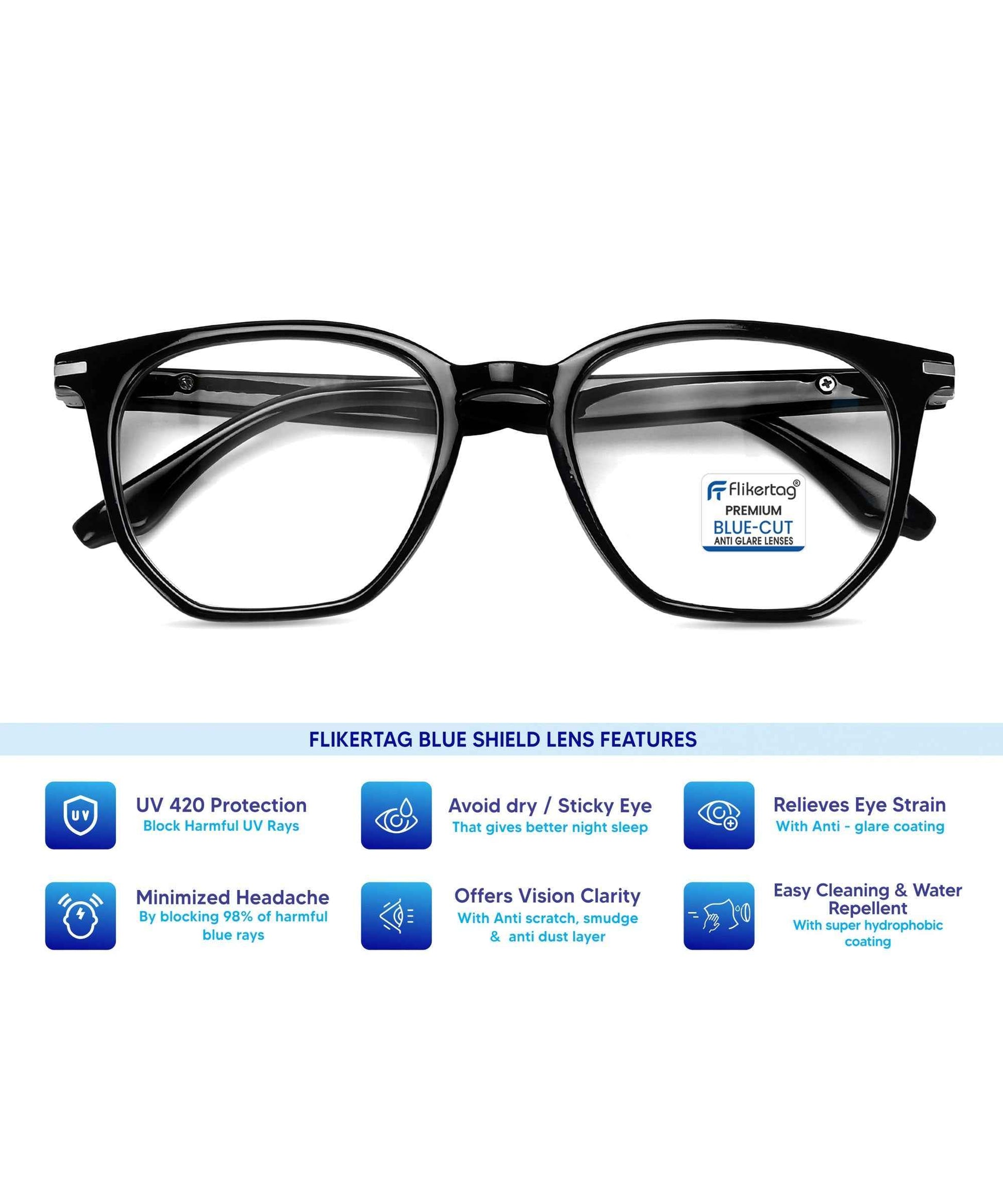 Blue Cut Computer Glasses for Eye Protection Zero Power Blue Light Filter Glasses With UV Protection for Men Women [FTF205 F1 Wayfarer Shine Black