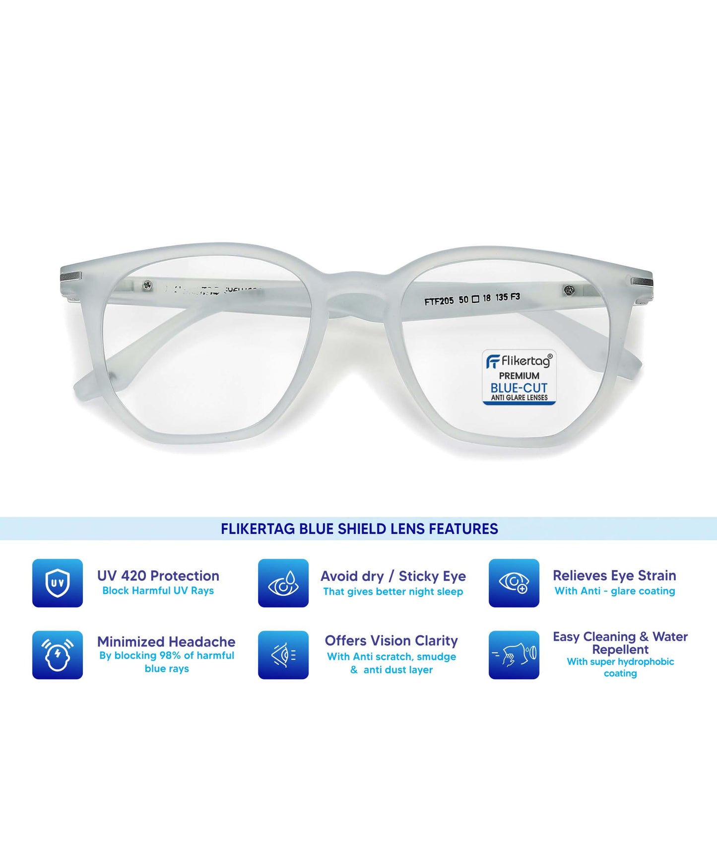 Blue Cut Computer Glasses for Eye Protection | Zero Power Blue Light Filter Glasses With UV Protection for Men & Women [FTF205 F3 Wayfarer Transparent Water Blue Frame, 52mm]