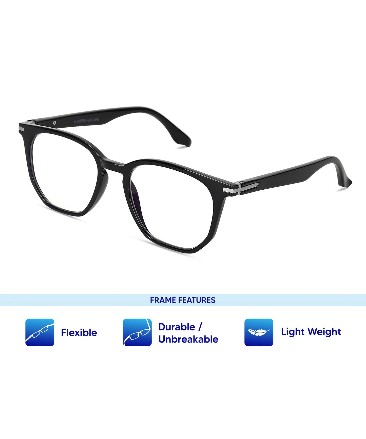 Flikertag Eye Glasses Frame For Men & Women [FTF205 F1 Wayfarer Shine Black Frame, 52mm]