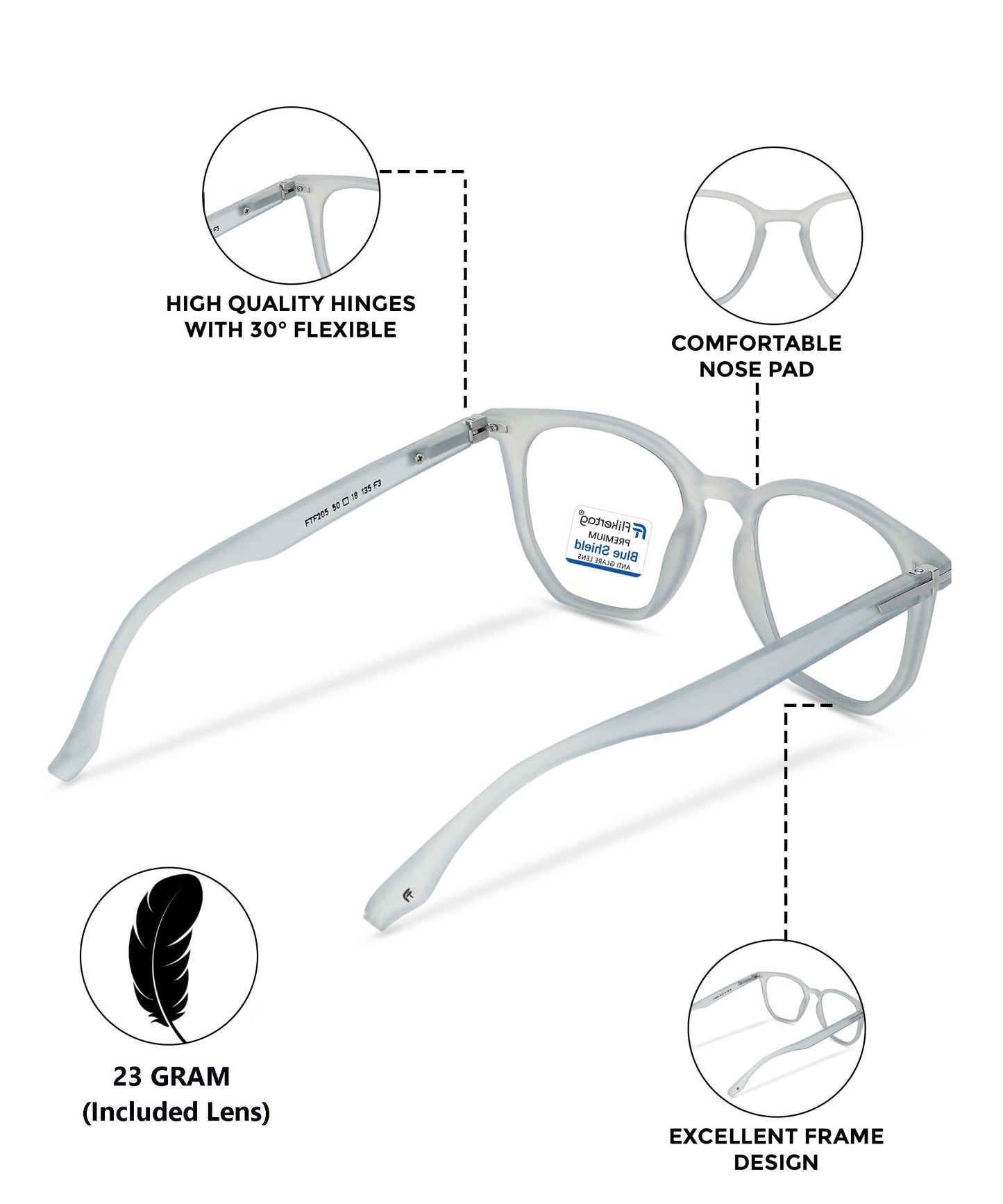 Blue Cut Computer Glasses for Eye Protection | Zero Power Blue Light Filter Glasses With UV Protection for Men & Women [FTF205 F3 Wayfarer Transparent Water Blue Frame, 52mm]