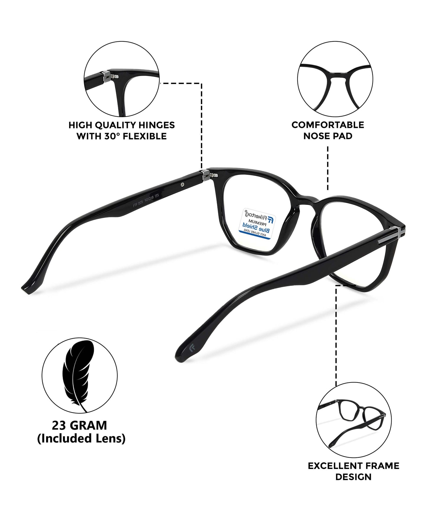 Photochromic Computer Glasses for Eye Protection | Zero Power Blue Cut, Photochromic Glasses With UV Protection for Men & Women [PHFTF205 F1 Wayfarer Glossy Black Frame, 52mm]