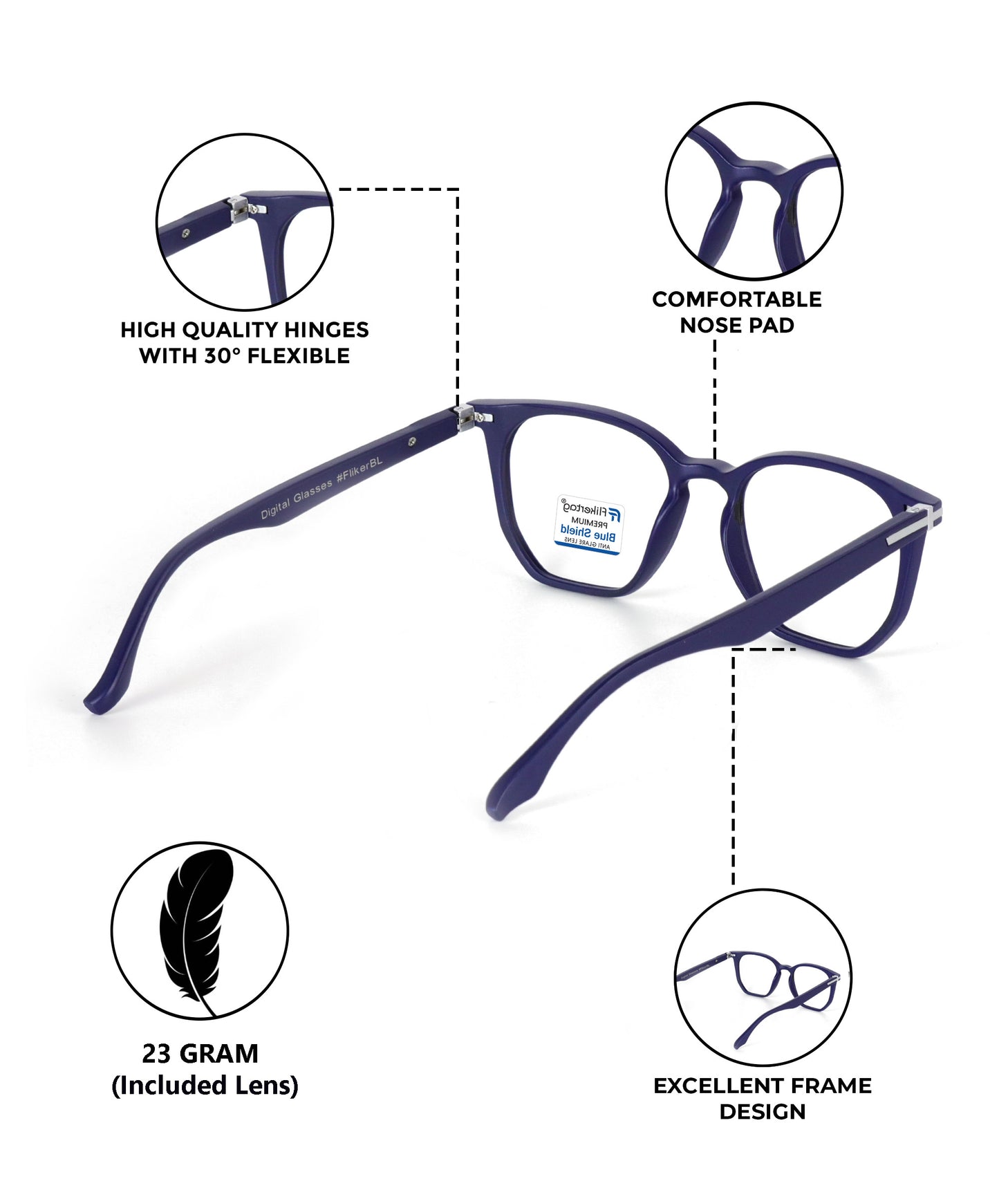 Blue Cut Computer Glasses for Eye Protection | Zero Power Blue Light Filter Glasses With UV Protection for Men & Women [FTF205 F4 Wayfarer Navy Blue Frame, 52mm]