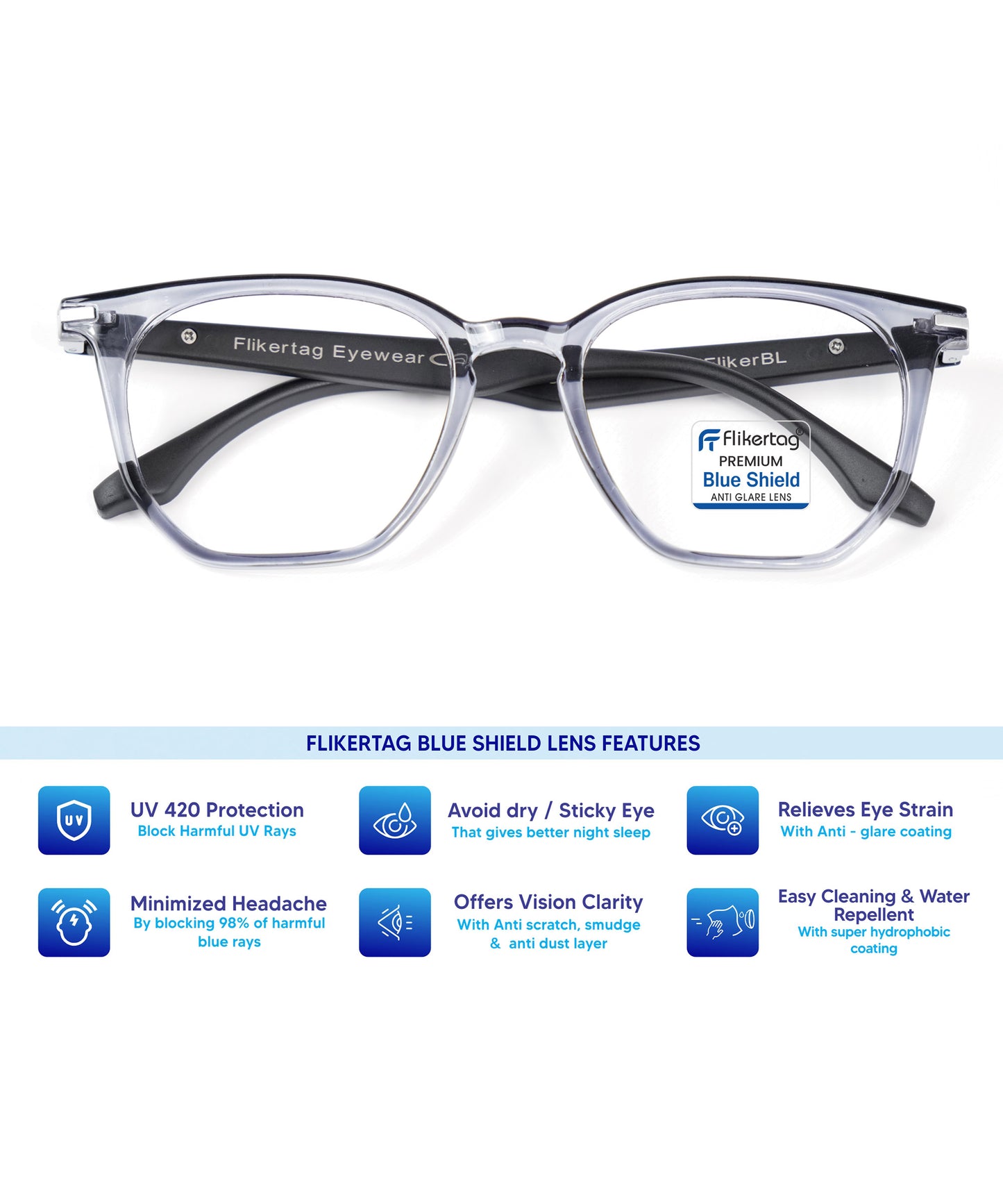 Blue Cut Computer Glasses for Eye Protection | Zero Power Blue Light Filter Glasses With UV Protection for Men & Women [FTF205 F5 Wayfarer Grey Frame, 52mm]