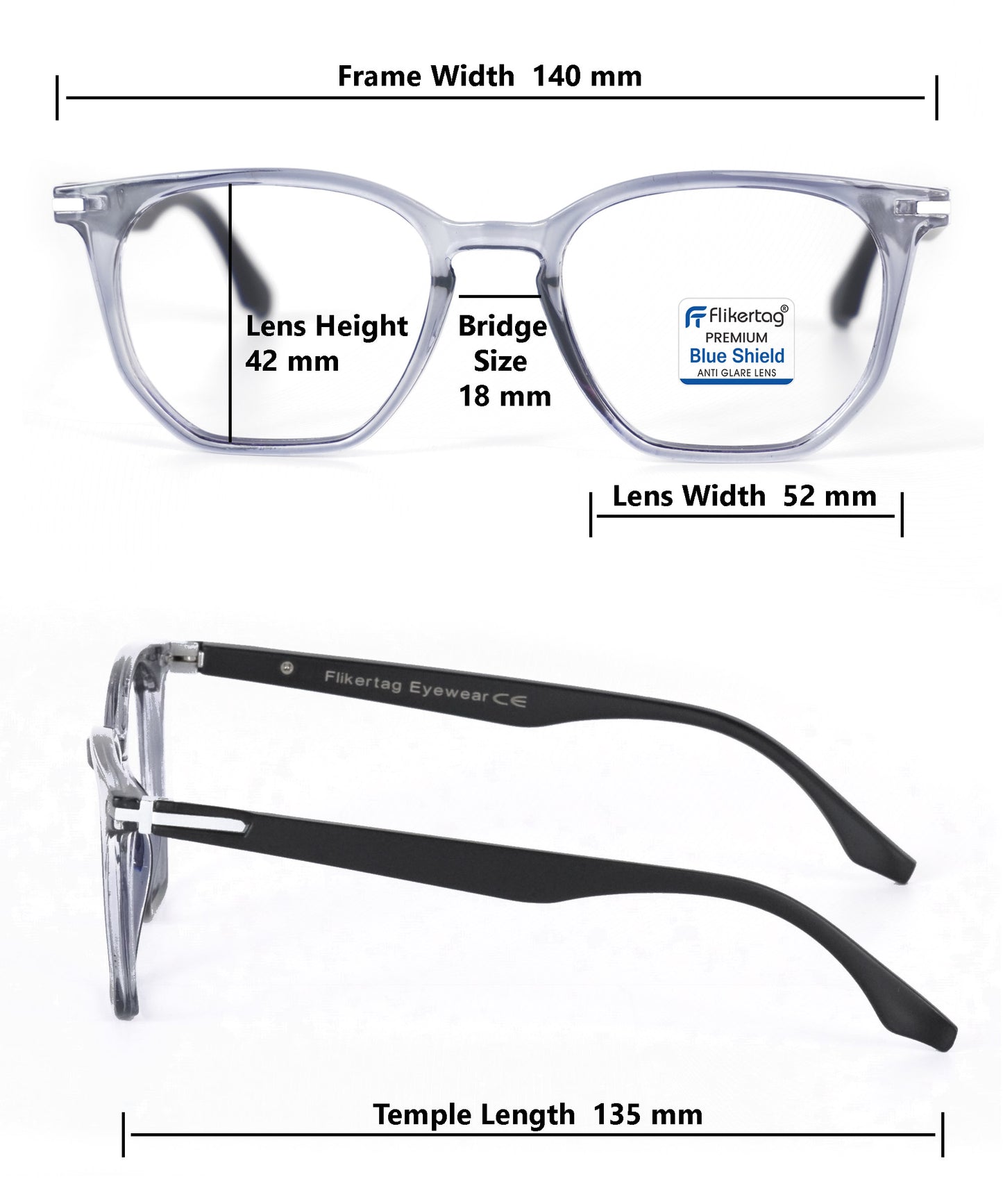 Blue Cut Computer Glasses for Eye Protection | Zero Power Blue Light Filter Glasses With UV Protection for Men & Women [FTF205 F5 Wayfarer Grey Frame, 52mm]