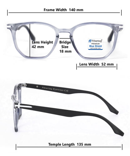 Blue Cut Computer Glasses for Eye Protection | Zero Power Blue Light Filter Glasses With UV Protection for Men & Women [FTF205 F5 Wayfarer Grey Frame, 52mm]