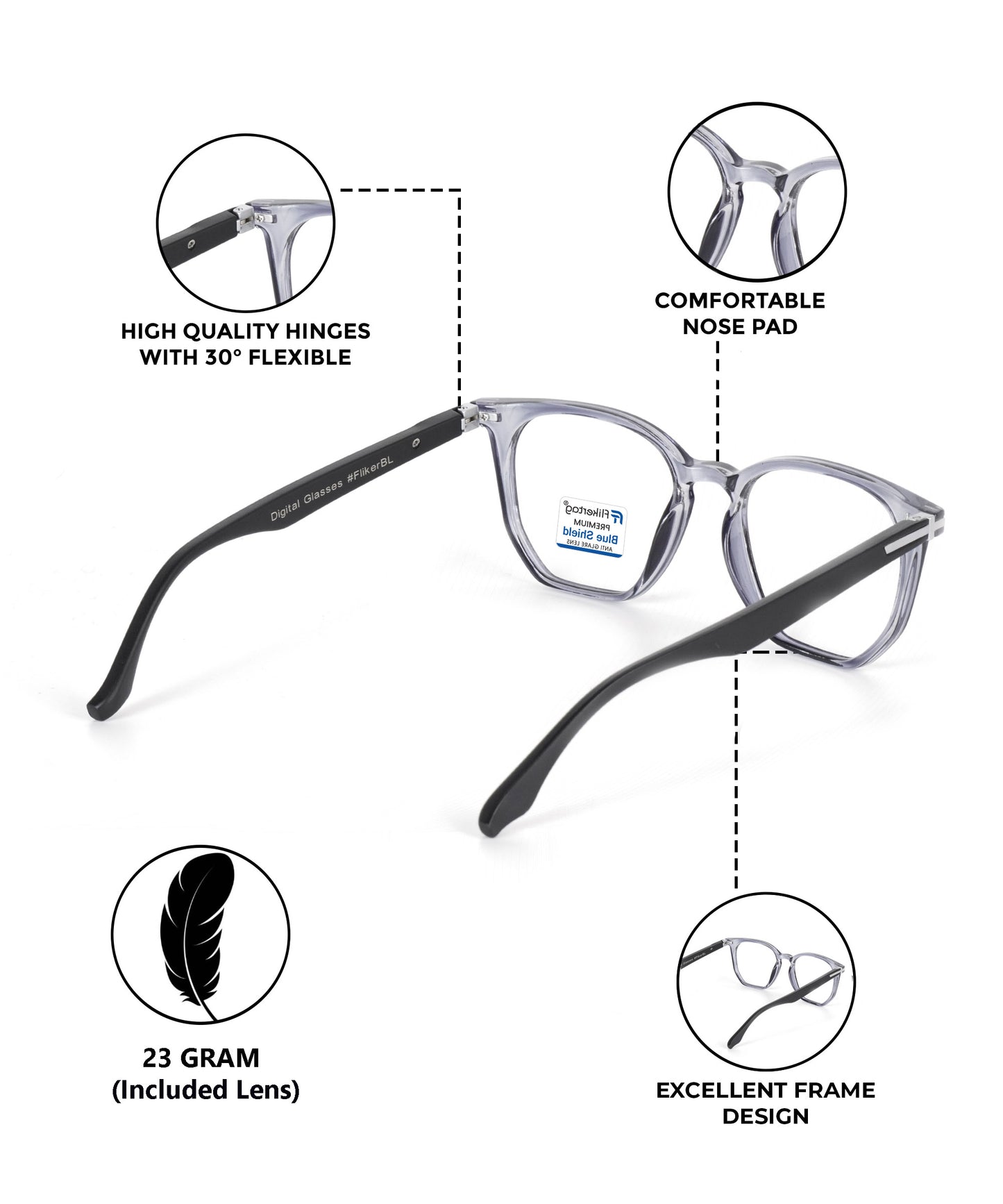 Blue Cut Computer Glasses for Eye Protection | Zero Power Blue Light Filter Glasses With UV Protection for Men & Women [FTF205 F5 Wayfarer Grey Frame, 52mm]