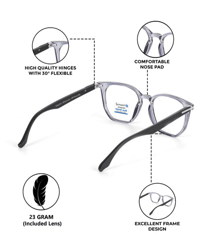 Blue Cut Computer Glasses for Eye Protection | Zero Power Blue Light Filter Glasses With UV Protection for Men & Women [FTF205 F5 Wayfarer Grey Frame, 52mm]