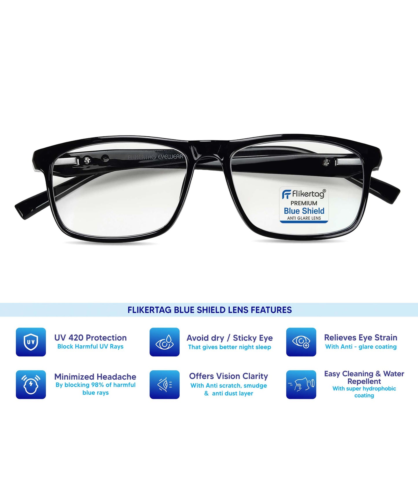 Blue Cut Computer Glasses for Eye Protection | Zero Power Blue Light Filter Glasses With UV Protection for Men & Women [FTF206 F1 Rectangle Shine Black Frame, 50mm]