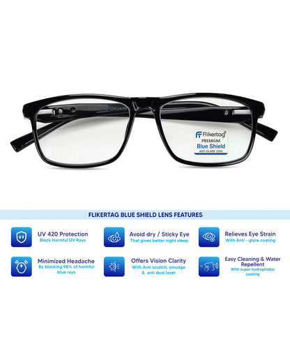 Blue Cut Computer Glasses for Eye Protection | Zero Power Blue Light Filter Glasses With UV Protection for Men & Women [FTF206 F1 Rectangle Shine Black Frame, 50mm]