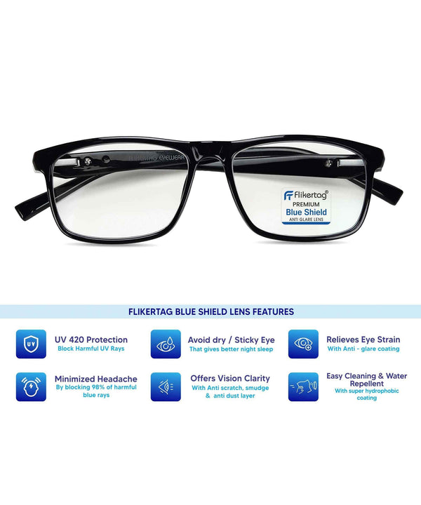 Blue Cut Computer Glasses for Eye Protection | Zero Power Blue Light Filter Glasses With UV Protection for Men & Women [FTF206 F1 Rectangle Shine Black Frame, 50mm]