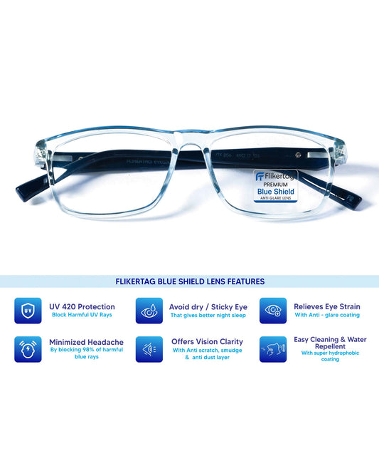 Blue Cut Computer Glasses for Eye Protection | Zero Power Blue Light Filter Glasses With UV Protection for Men & Women [FTF206 F2 Rectangle Shine Water Blue Frame, 50mm]