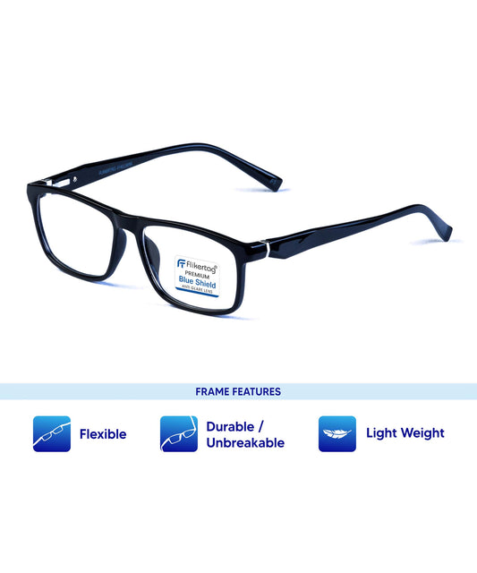 Blue Cut Computer Glasses for Eye Protection | Zero Power Blue Light Filter Glasses With UV Protection for Men & Women [FTF206 F1 Rectangle Shine Black Frame, 50mm]