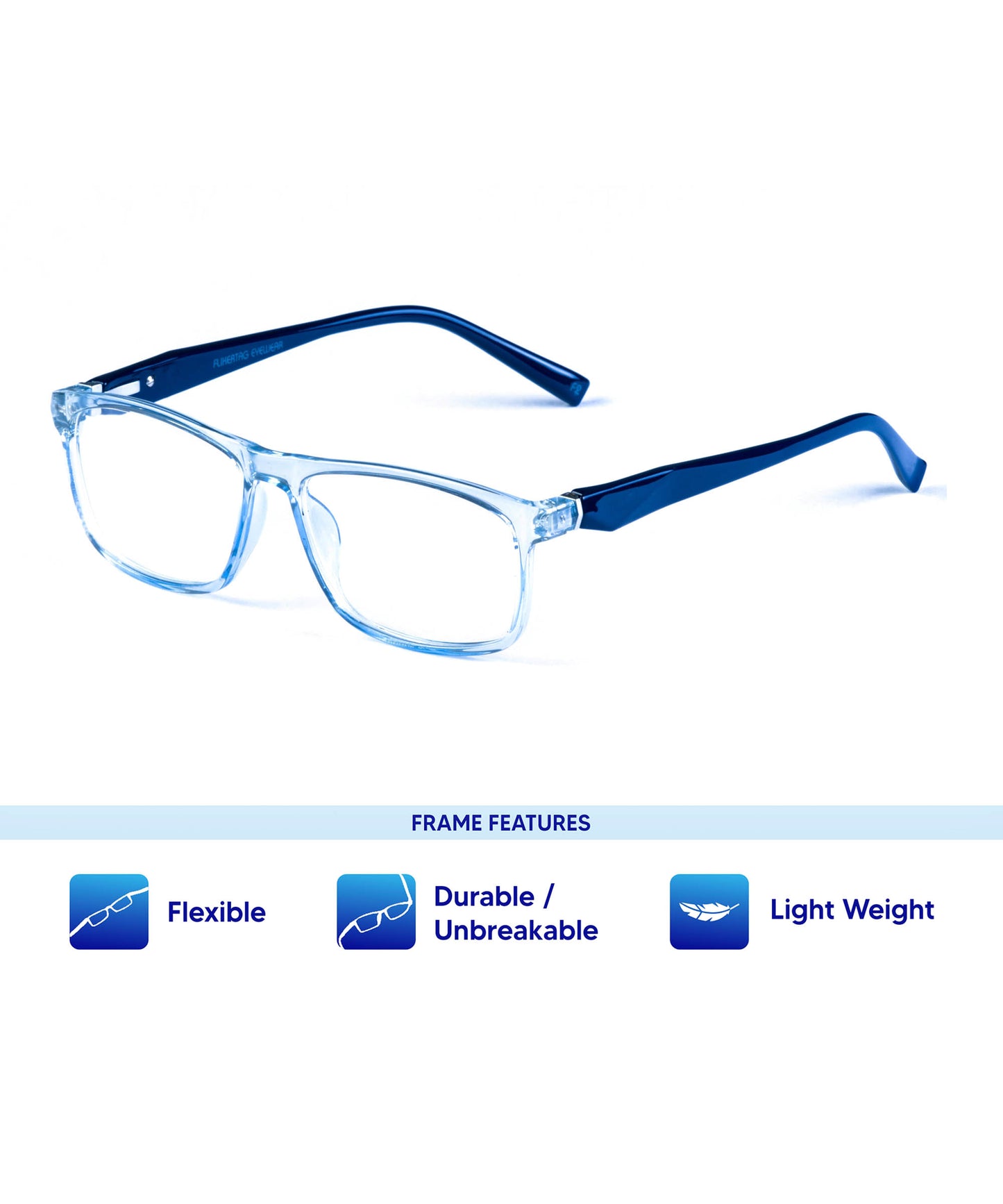Flikertag Eye Glasses Frame For Men & Women [FTF206 F2 Rectangle Shine Water Blue Frame, 50mm]