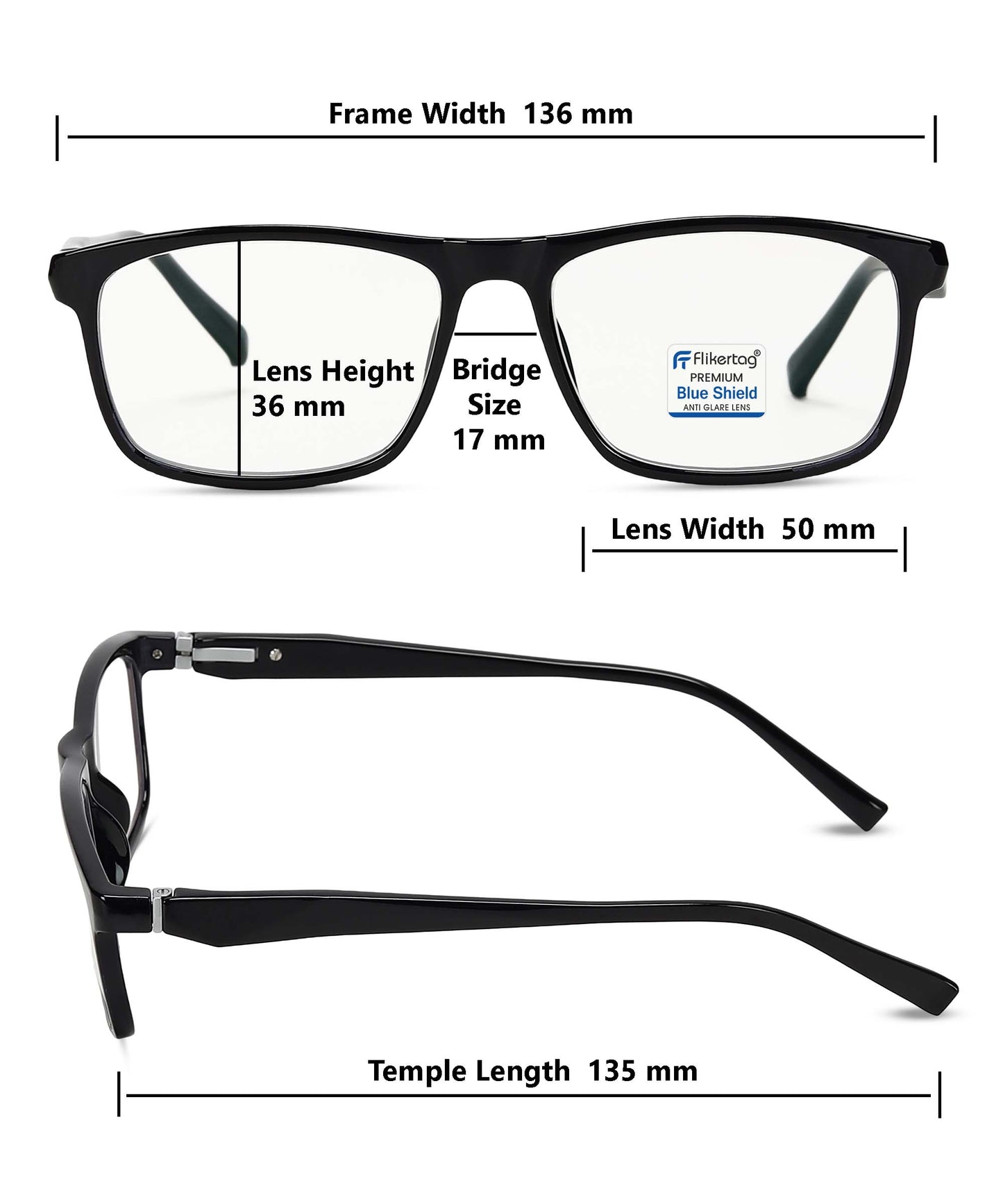 Blue Cut Computer Glasses for Eye Protection | Zero Power Blue Light Filter Glasses With UV Protection for Men & Women [FTF206 F1 Rectangle Shine Black Frame, 50mm]