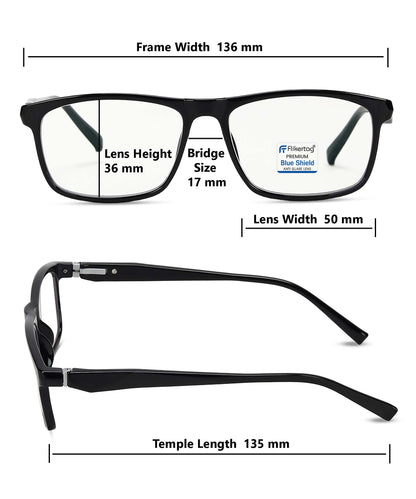 Blue Cut Computer Glasses for Eye Protection | Zero Power Blue Light Filter Glasses With UV Protection for Men & Women [FTF206 F1 Rectangle Shine Black Frame, 50mm]