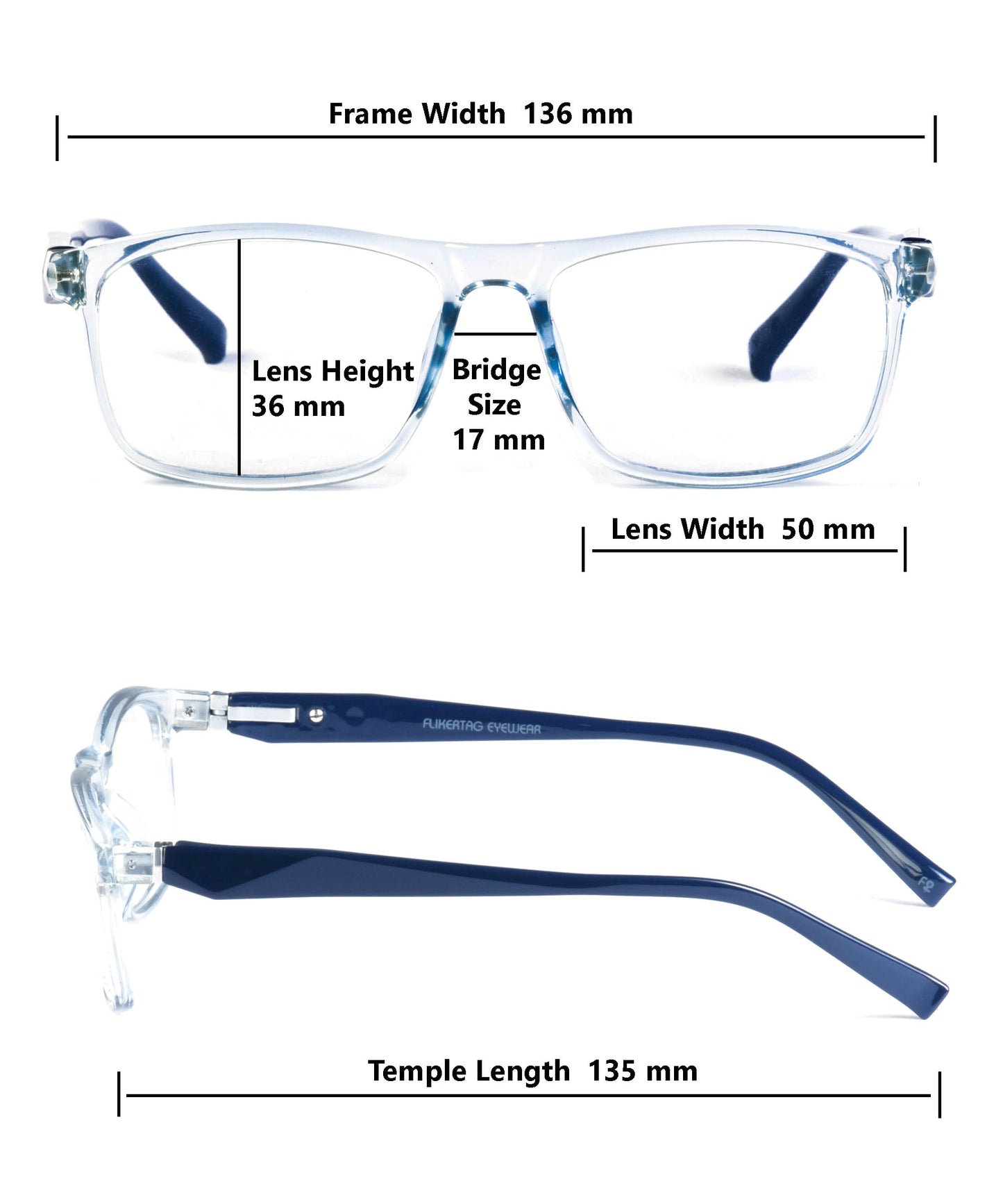 Flikertag Eye Glasses Frame For Men & Women [FTF206 F2 Rectangle Shine Water Blue Frame, 50mm]