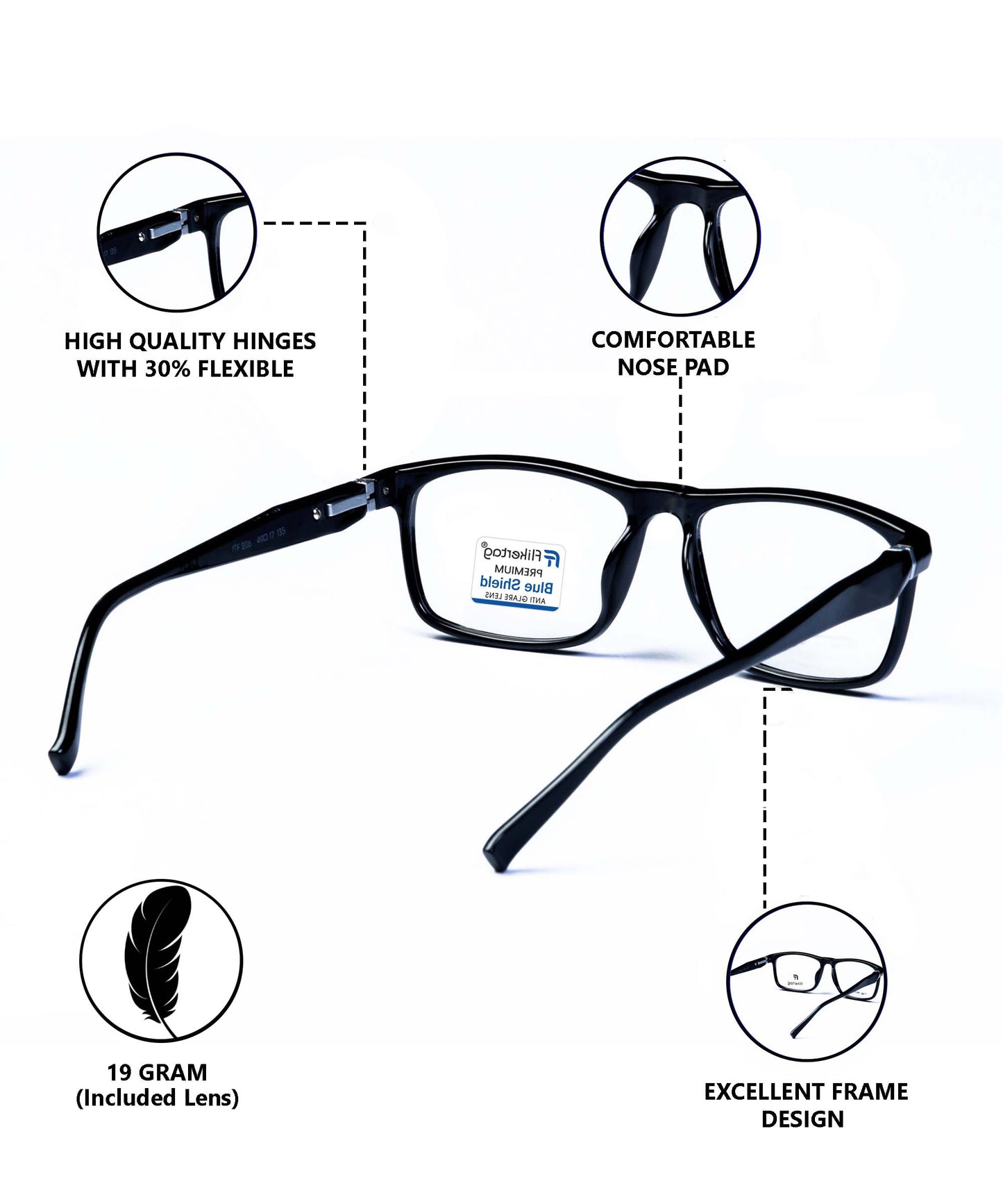Blue Cut Computer Glasses for Eye Protection | Zero Power Blue Light Filter Glasses With UV Protection for Men & Women [FTF206 F1 Rectangle Shine Black Frame, 50mm]