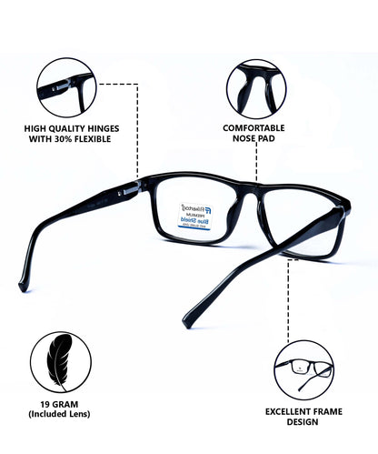 Blue Cut Computer Glasses for Eye Protection | Zero Power Blue Light Filter Glasses With UV Protection for Men & Women [FTF206 F1 Rectangle Shine Black Frame, 50mm]