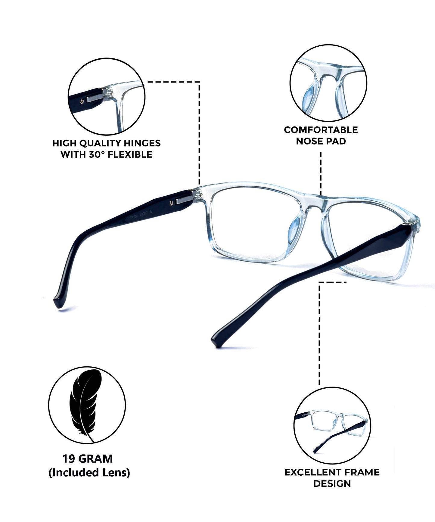 Flikertag Eye Glasses Frame For Men & Women [FTF206 F2 Rectangle Shine Water Blue Frame, 50mm]
