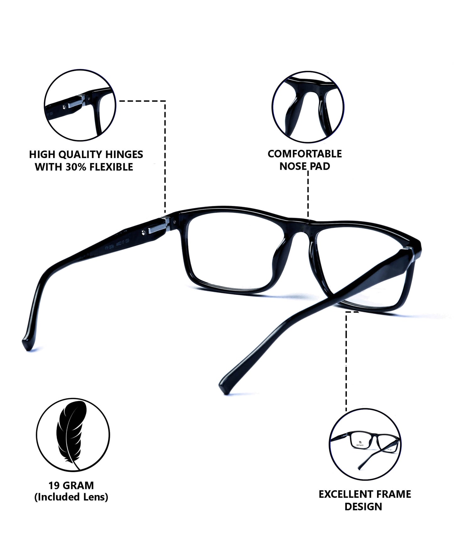 Flikertag Eye Glasses Frame For Men & Women [FTF206 F1 Rectangle Shine Black Frame, 50mm]