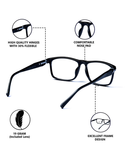 Flikertag Eye Glasses Frame For Men & Women [FTF206 F1 Rectangle Shine Black Frame, 50mm]