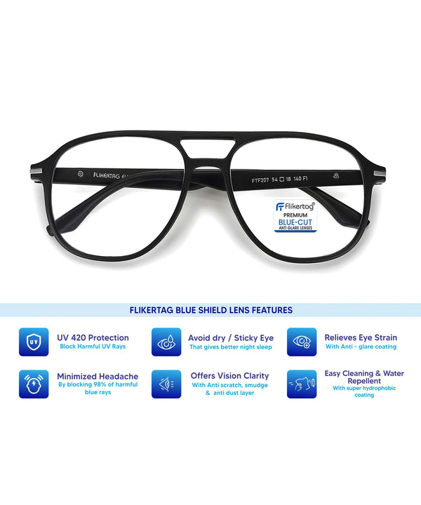 Blue Cut Computer Glasses for Eye Protection | Zero Power Blue Light Filter Glasses With UV Protection for Men [FTF207 F1 Aviator Matte Black Frame, 54mm]
