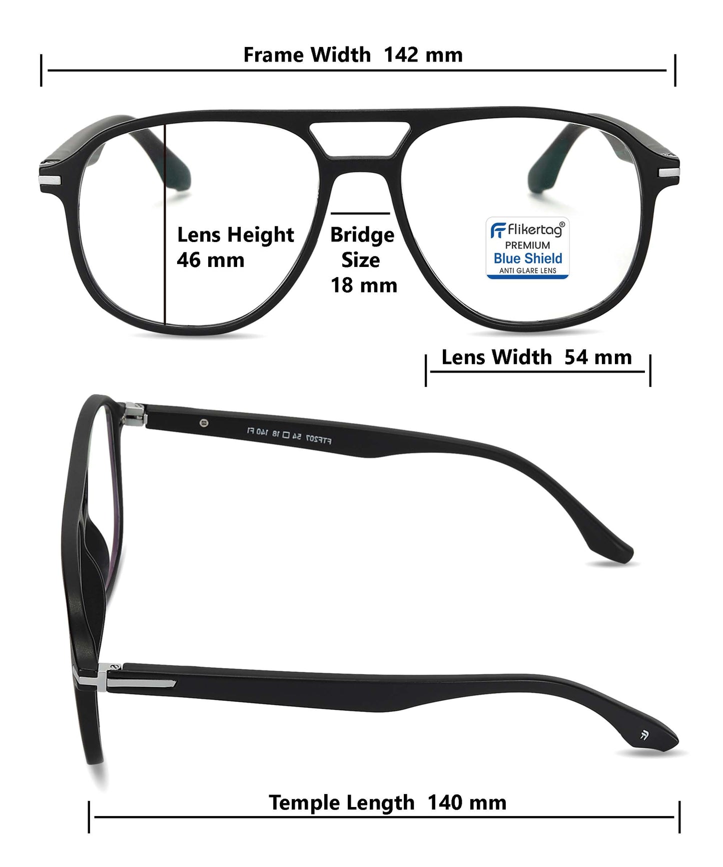 Blue Cut Computer Glasses for Eye Protection | Zero Power Blue Light Filter Glasses With UV Protection for Men [FTF207 F1 Aviator Matte Black Frame, 54mm]