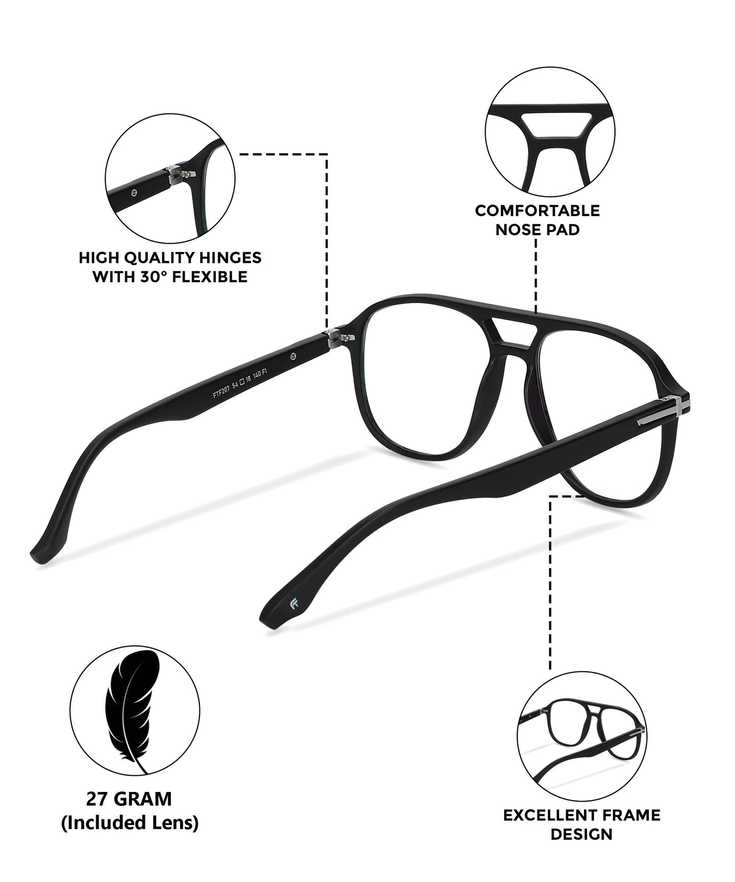 Flikertag Eye Glasses Frame For Men & Women [FTF207 F1 Aviator Matte Black Frame, 54mm]