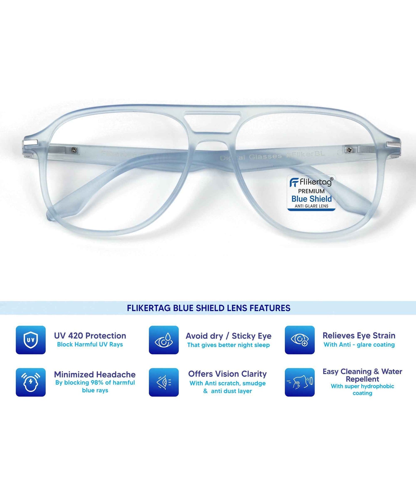 Blue Cut Computer Glasses for Eye Protection | Zero Power Blue Light Filter Glasses With UV Protection for Men [FTF207 F3 Aviator Water Blue Frame, 54mm]