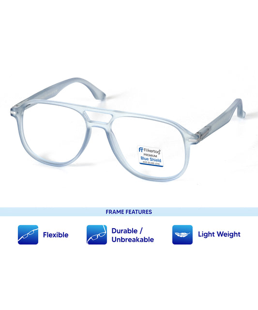 Blue Cut Computer Glasses for Eye Protection | Zero Power Blue Light Filter Glasses With UV Protection for Men [FTF207 F3 Aviator Water Blue Frame, 54mm]