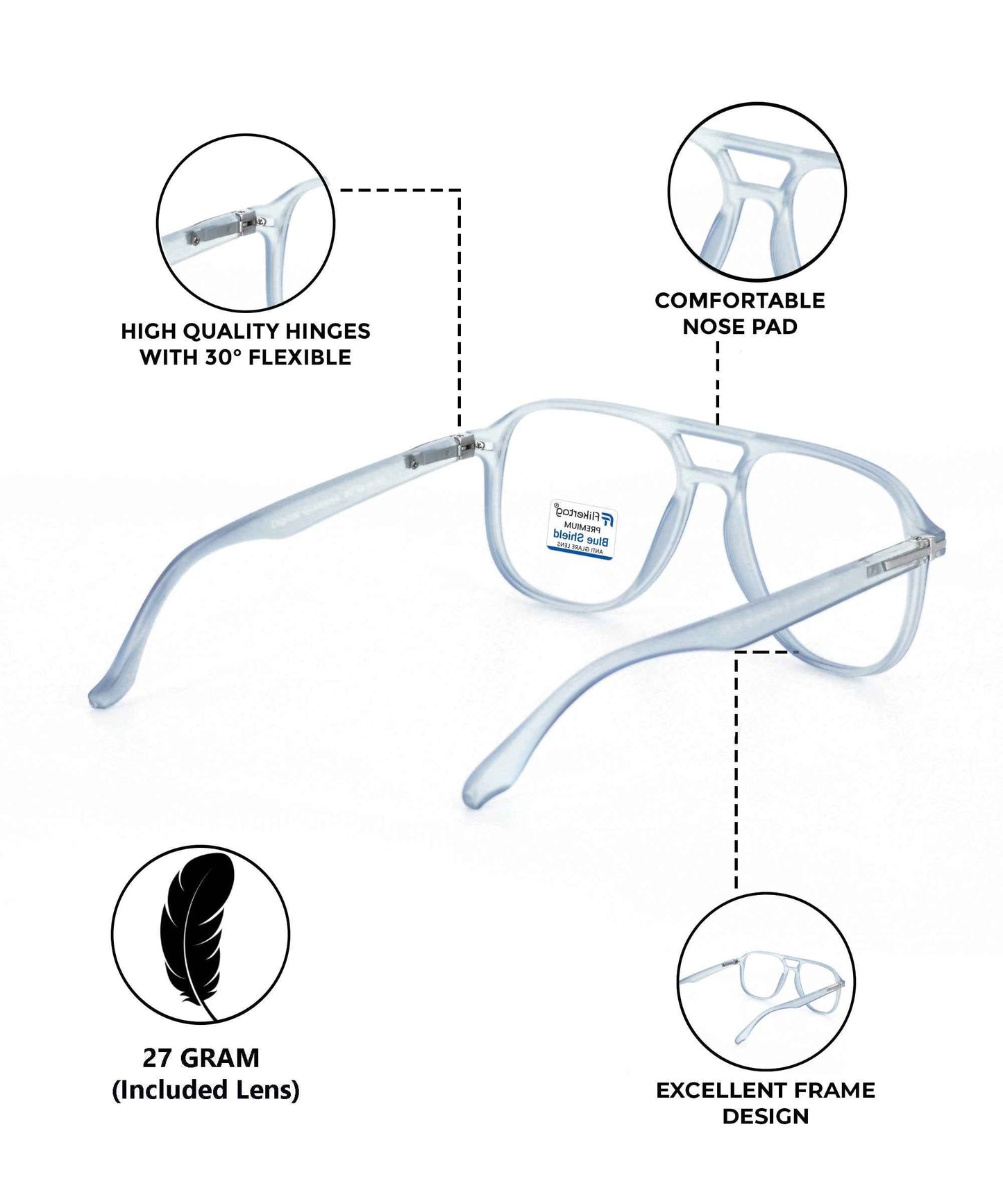 Blue Cut Computer Glasses for Eye Protection | Zero Power Blue Light Filter Glasses With UV Protection for Men [FTF207 F3 Aviator Water Blue Frame, 54mm]