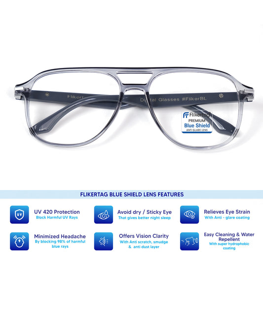 Blue Cut Computer Glasses for Eye Protection | Zero Power Blue Light Filter Glasses With UV Protection for Men [FTF207 F4 Aviator Grey Frame, 54mm]