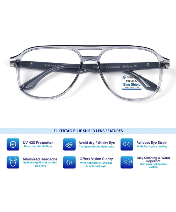 Blue Cut Computer Glasses for Eye Protection | Zero Power Blue Light Filter Glasses With UV Protection for Men [FTF207 F4 Aviator Grey Frame, 54mm]