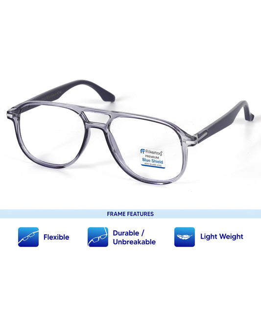 Blue Cut Computer Glasses for Eye Protection | Zero Power Blue Light Filter Glasses With UV Protection for Men [FTF207 F4 Aviator Grey Frame, 54mm]