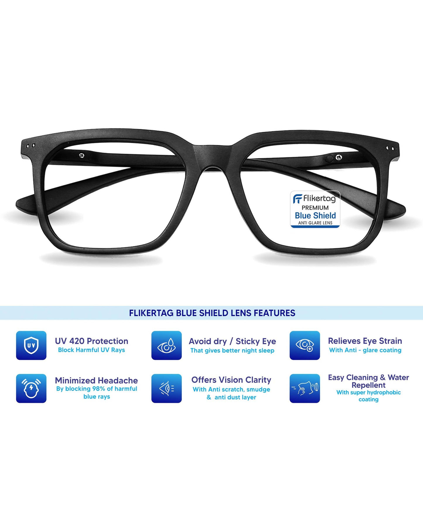 Blue Cut Computer Glasses for Eye Protection | Zero Power Blue Light Filter Glasses With UV Protection for Men & Women [FTF208 F1 Square Matte Black Frame, 52mm]