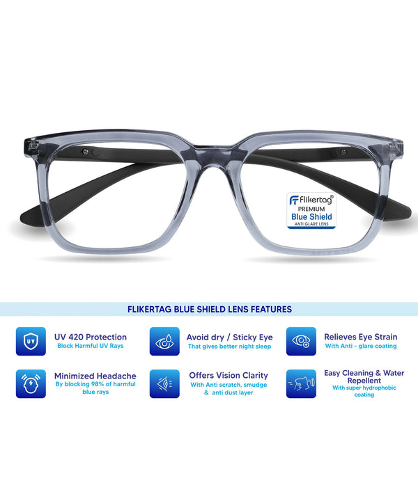 Blue Cut Computer Glasses for Eye Protection | Zero Power Blue Light Filter Glasses With UV Protection for Men & Women [FTF208 F4 Square Shine Grey Frame, 52mm]